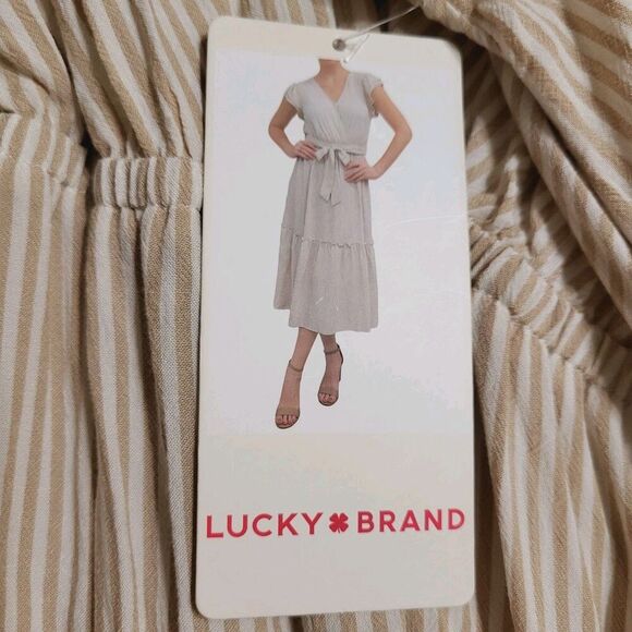 Lucky Brand Tiered Wrap Front Flutter Sleeve Midi Dress Plus XXL Latte Romantic - Picture 5 of 9